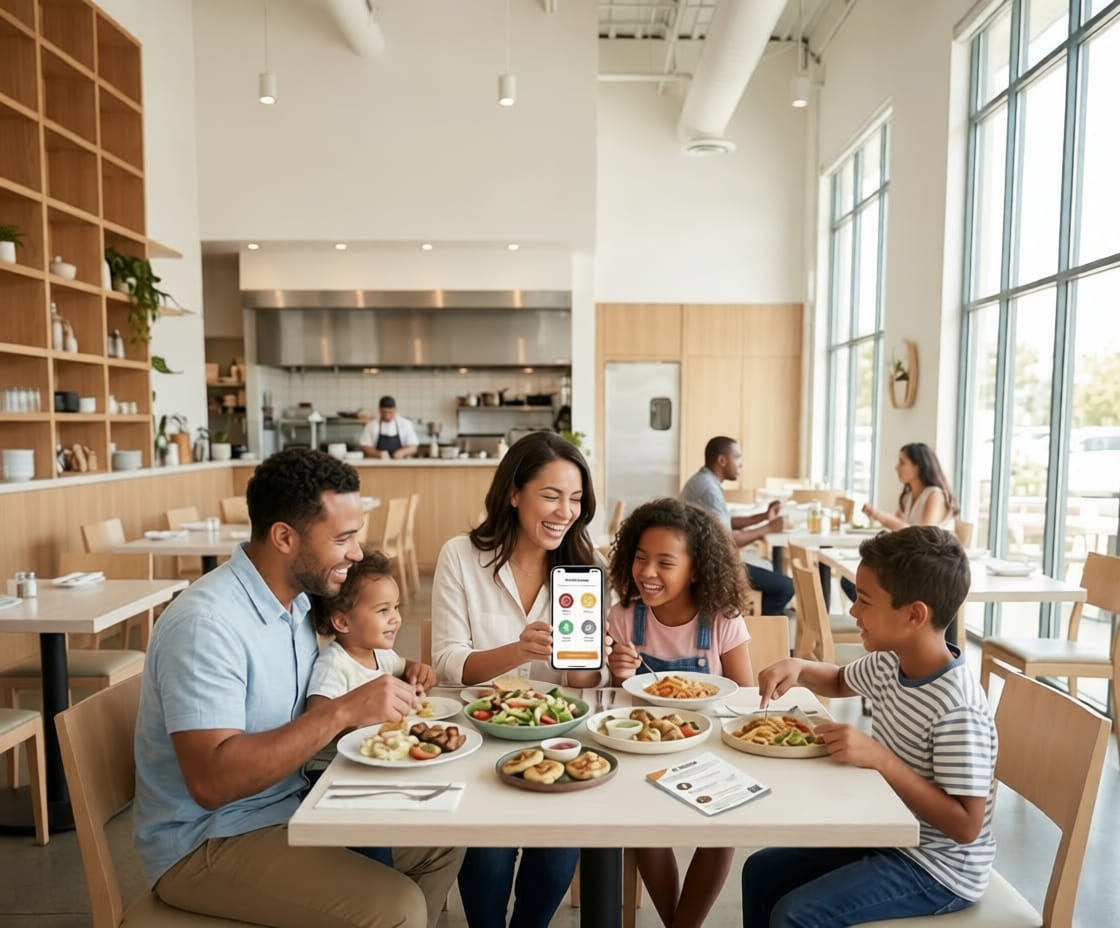 Family using Simpa while dining at a restaurant